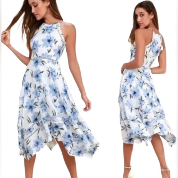 Lulus Dresses & Skirts - COPY - Lulus Blue Floral Midi Dress Women’s L/M  Sleeveless Handkerchief Hem